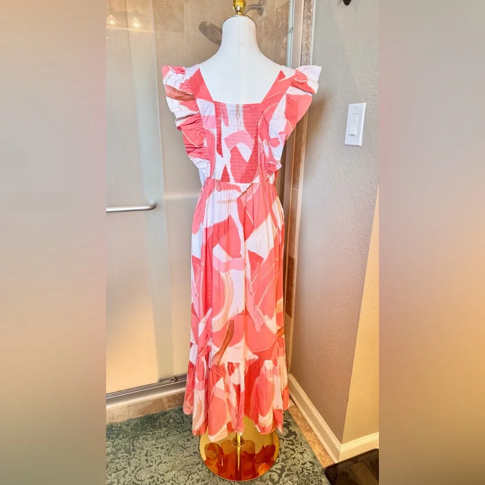 PETAL & PUP Ruffle Sleeve Vibrant Coral & White Tiered Maxi Dress